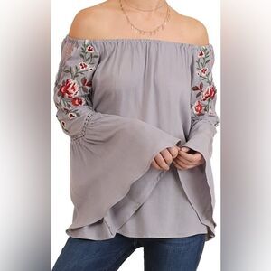 Umgee gray off the Shoulder Top blouse Embroidered Bell Sleeve oversized boho S